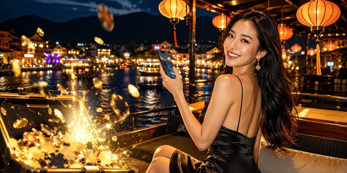 Người dùng xem voucher ưu đãi trên điện thoại tại chợ đêm Hội An